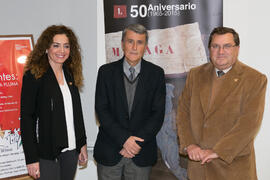 Macarena Parrado, Juan Francisco Zambrana y Rafael Vidal momentos previos a la conferencia "El tiempo del Quijote". Sala de Conferencias del Museo Carmen Thyssen. Marzo de 2016