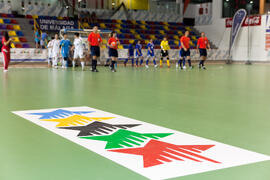 Salto a pista de los equipos. Partido China contra China Taipéi. 14º Campeonato del Mundo Universitario de Fútbol Sala 2014 (FUTSAL). Antequera. Julio de 2014