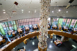 Biblioteca General con la instalación "Biblioteca de Babel XIII", de José Ignacio Díaz de Rábago. Campus de Teatinos. Enero de 2018